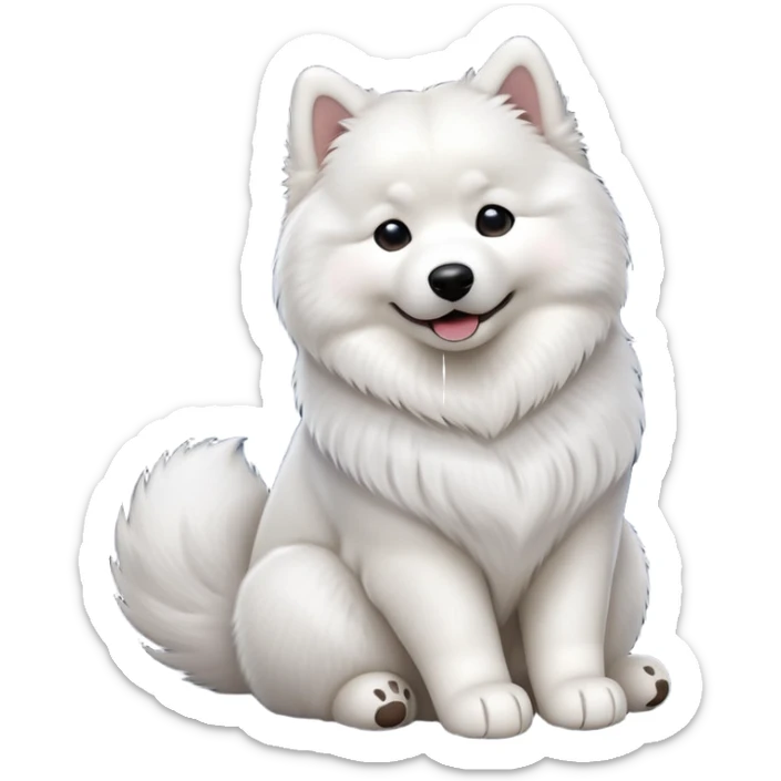 cinematic-[samoyed]-realistic-full-body-sitting-emoji,-tail-resting-loosely-beside-its-paws,-head-tilted-dramatically, -fluffy-[white]-fur,-simplified-yet-realistic-focused-features,-highly-detailed,-glowing-with-an-almost-sarcastic-glow sticker