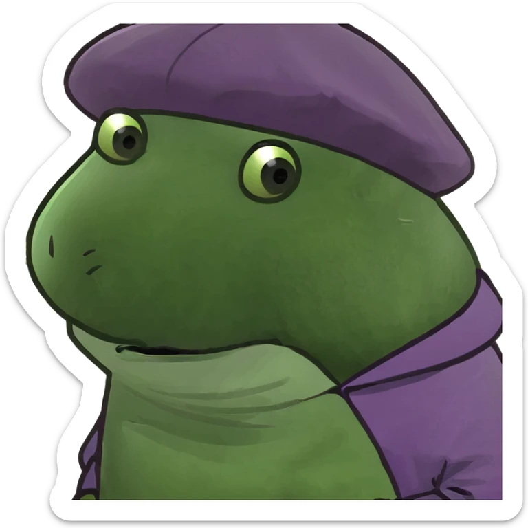 A green pig, in a purple sweatshirt, with a purple cap with a pattern of stars on his head sticker