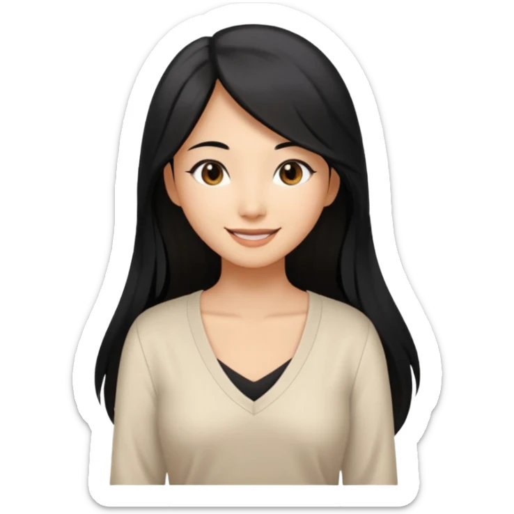 medium tan asian woman with long black hair past middle of back, round brwn eyes, white v neck blouse smiling. sticker