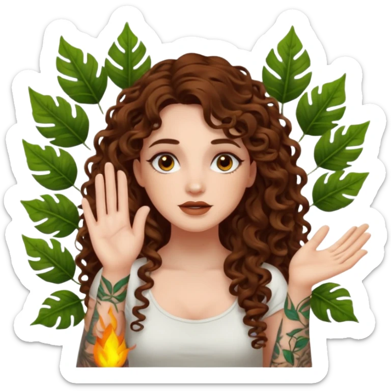 woman with long curly brown hair, brown eyes, white skin, tattoos, sarcastic slow clap made of glowing leaves sticker
