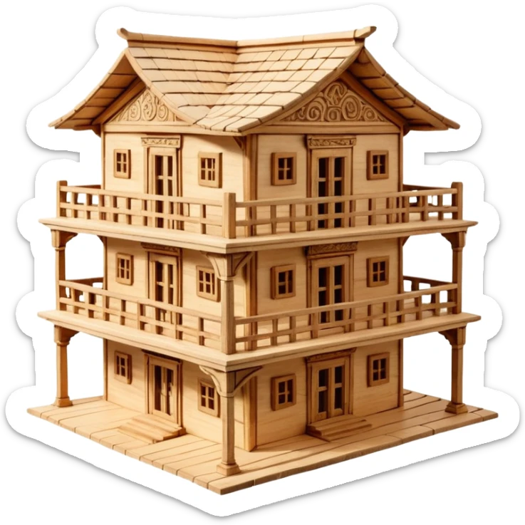 A handcrafted wooden home reflecting the aesthetic of ancient Lycia, created with sustainable, modular interlocking wood. sticker