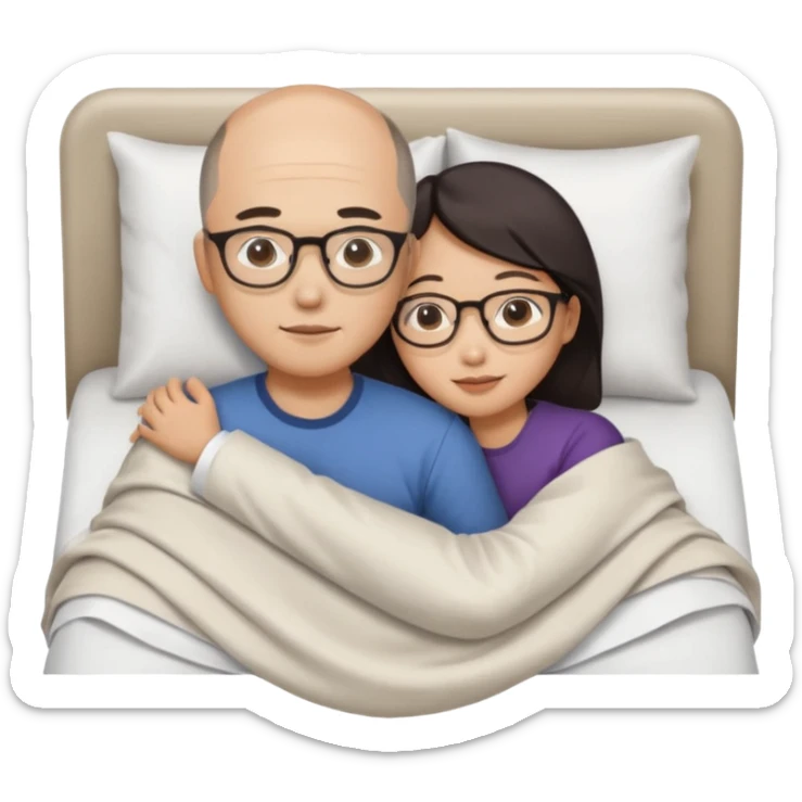 slightly balding asian man wearing glasses and asian woman naked in bed hugging sticker