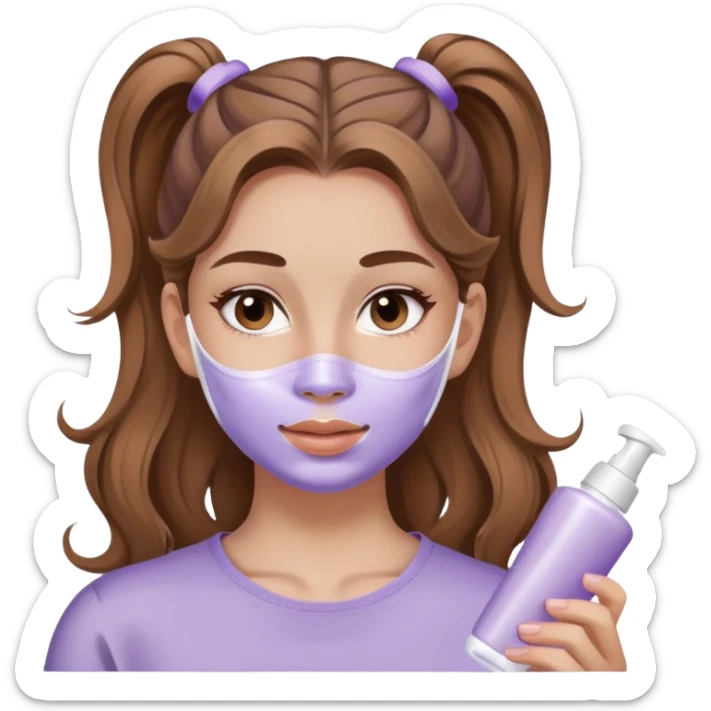 girl with wavy light brown hair ponytail applying lilac skincare mask sticker