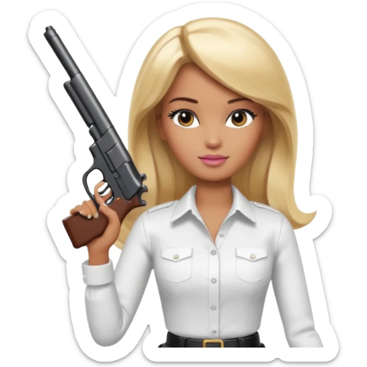 Brown skin blonde hair barbie wearing white shirt holding a black gun sticker