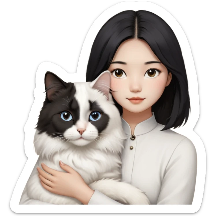 A young Chinese woman with shoulder-length black hair, styled in a sleek center-parted (4/6) cut, gently holding her fluffy white Ragdoll cat. The cat has a small black birthmark on the right side of its nose. The woman has a calm and loving expression as she embraces her pet. The background is soft and warm, creating a cozy and affectionate atmosphere. The image is detailed and realistic, highlighting the textures of the woman's hair and the cat's plush fur. sticker