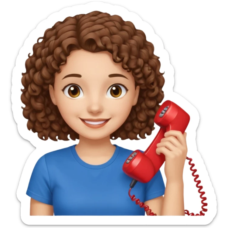 chica con piel blanca sonriendo, ojos marrones y pelo marrón atado con rulos con remera celeste. atendiendo un teléfono rojo sticker