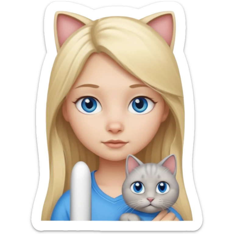 blonde girl with long blonde hair and blue eyes with chubby gray cat sticker