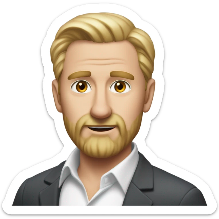 middle aged english man, short slicked back hair blonde, blonde medium length size full beard, eyesbrows not raised, in a smart white unbuttoned shirt. sticker
