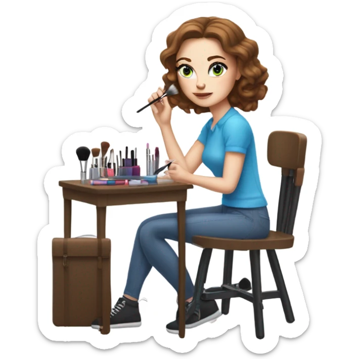 White girl with freakles brunett blue eyes with makeup kit and a chair doing her makeup sticker