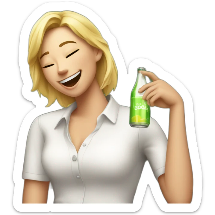 A blond student in a white shirt with a bottle of soda in an open pose laughs on a bench sticker