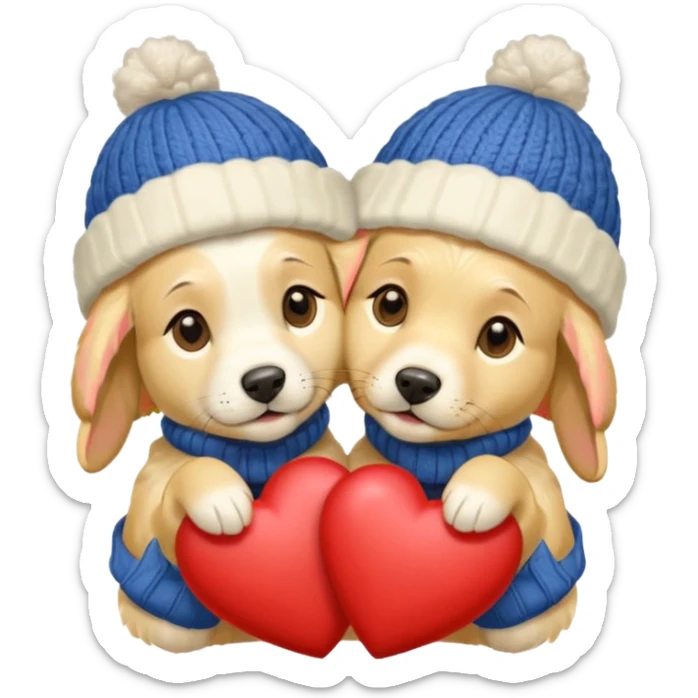 2 English cream golden retrievers cuddling with winter hats and heart in between them. Make them pale dogs . Less cartoon and no hands holding heart just a heart in between . Make them more pale and realistic looking like glossy  sticker