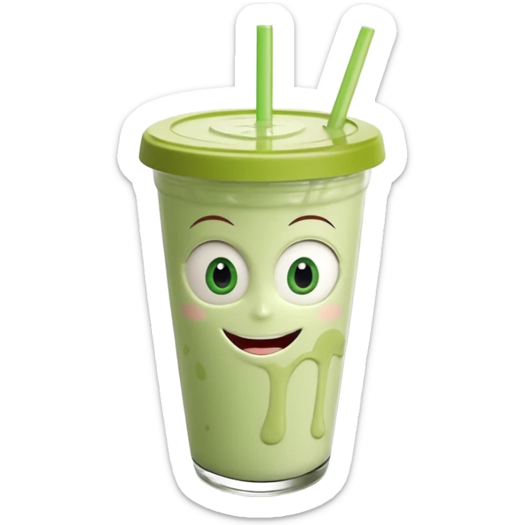 un vaso de batido animado, de caricatura, con tapa y pitillo, que tenga brazos y piernas, cara tierna y que inspire confianza y amabilidad sticker