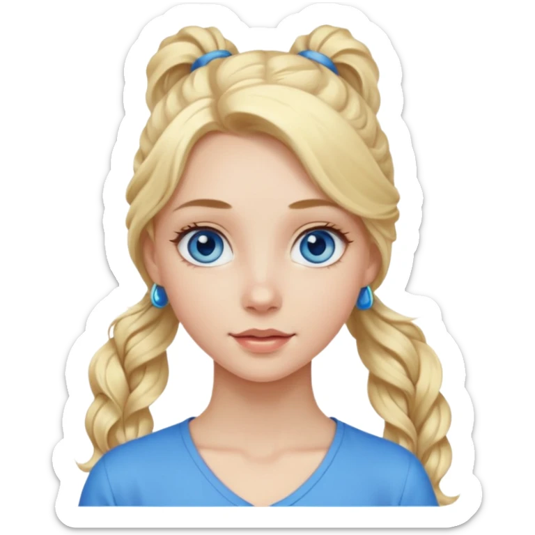 A pale girl with blue eyes and long and blonde , wavy hair in a pony tail sticker