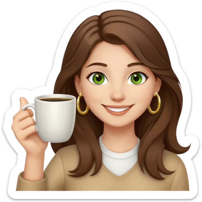 Long, Brown haired girl with middle hair part, green eyes, gold hoop nose ring, smiling, waving with one hand, coffee mug in the other sticker
