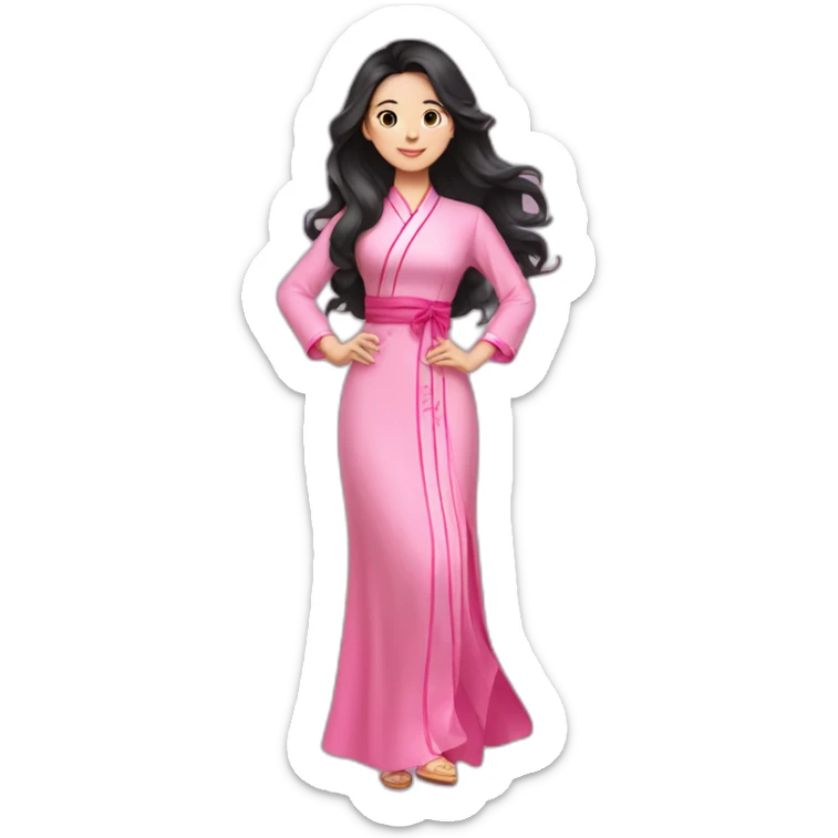 attractive Vietnamese girl with wavy black hair posing with pink ao dai full body sticker