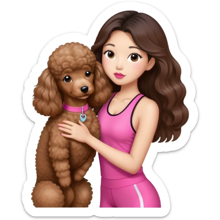 a asian lady with long balayage hair, long lashes, kissing a brown poodle, wearing pink gym outfit sticker