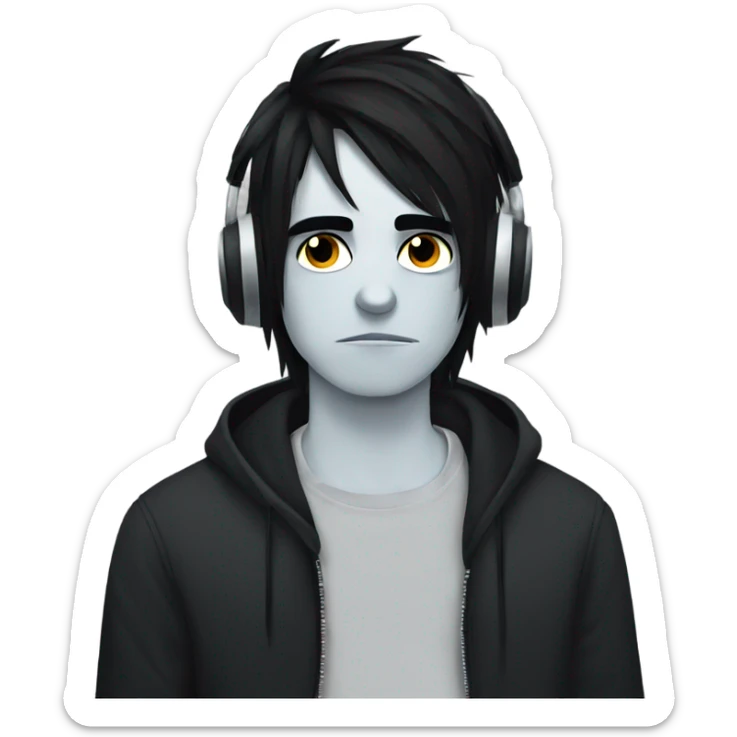 Emo boy with dark hair and eyeliner listening to music sadly  sticker