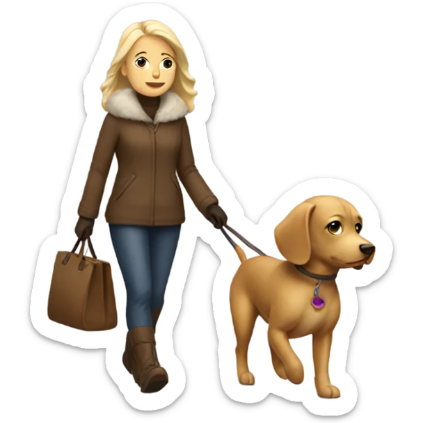 A blonde woman walking a tiny brown dog both look like they are freezing and cold sticker