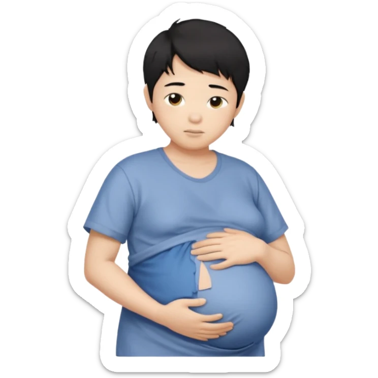 pregnant asian boy with short messy black hair holding his belly embracing his pregnancy sticker