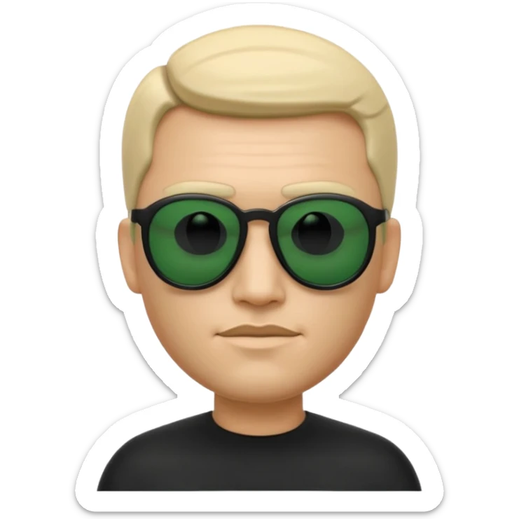 3D memoji-style emoji like Apple Memoji, male character wearing black sunglasses, smooth rounded face, minimalist design, inspired by The Matrix movie, subtle green matrix glow, dark background, cinematic lighting, high quality. sticker