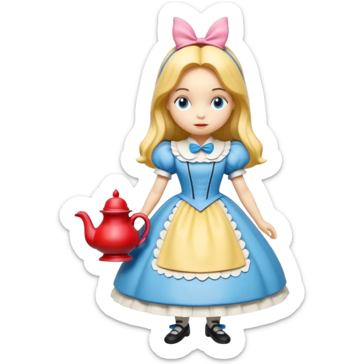 Isolated, detaile illustration of the most incredibly realistic, colorful, disney Alice in wonderland's characters 
figurine imaginable, toy style. sticker