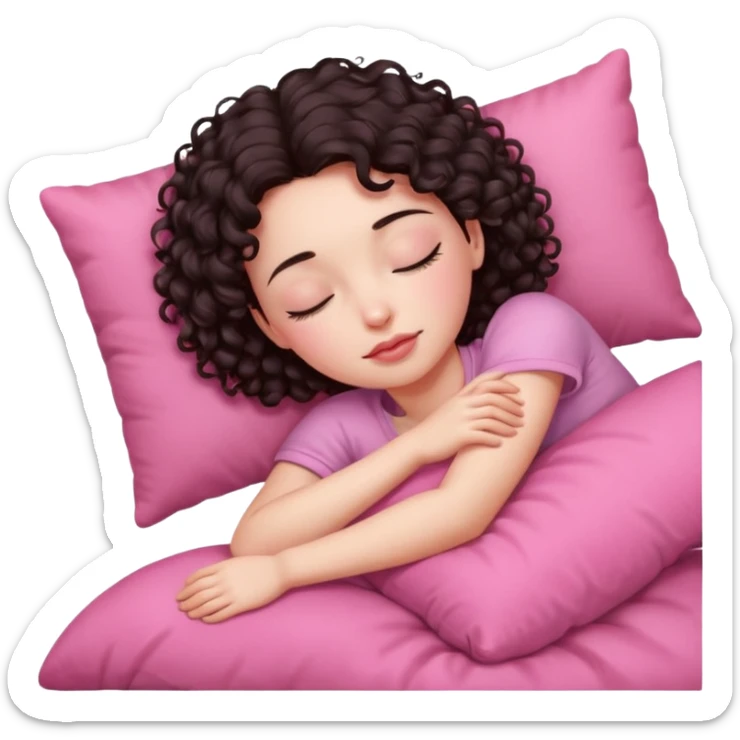 Sleeping girl on pink pillow dark curly hair pale skin sticker
