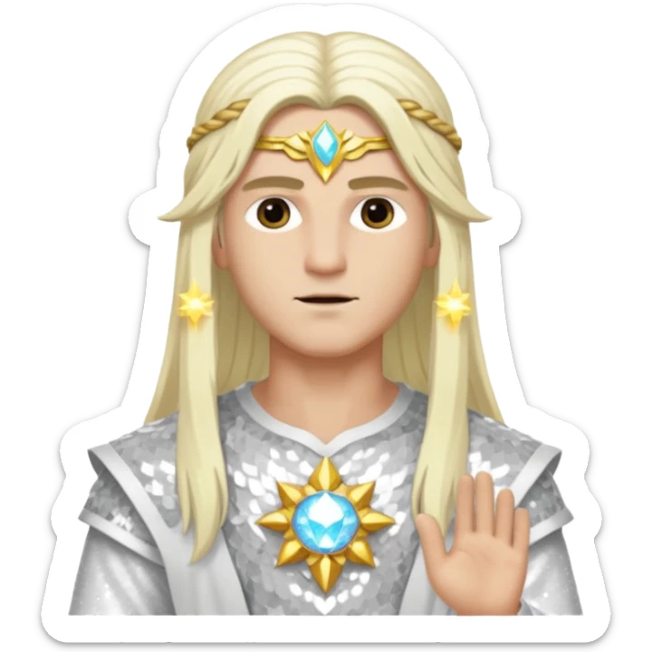 Baldr, God of Light from Gods and Goddesses with long white blonde hair, white sequin outfit sticker