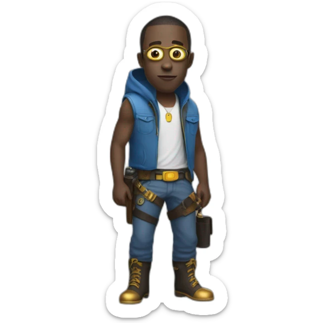 black minion in hood in blue sleeveless shirt with two pistols in his hands with a gold insert on the belt in gray pants and leather boots sticker