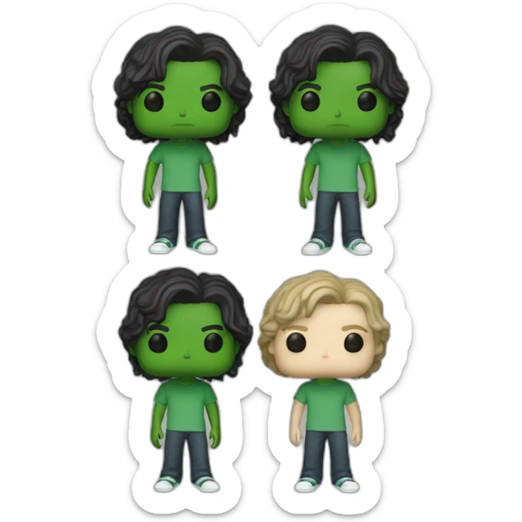 Young 18 years old boy, white skin , black hair, green eyes, long surfer hair, as a funko pop full fbody sticker