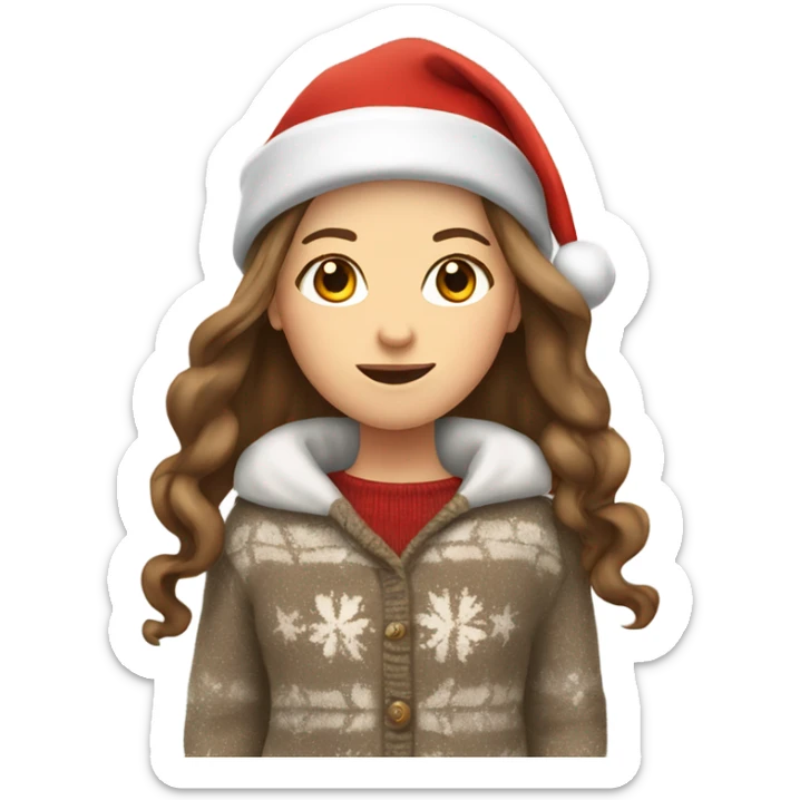 White girl with long brown hair wearing a santa hat and sweater sticker