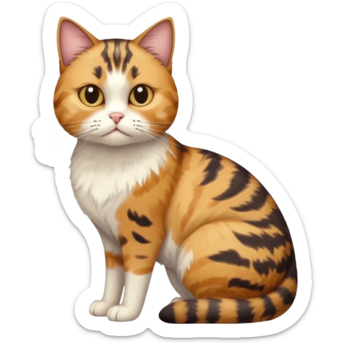 full body calico tabby cat with skinny head and fat body with an anxious face sticker