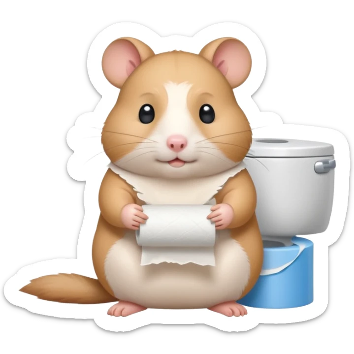 Cute chubby cartoon-style hamster holding toilet paper sitting on toilet looking as if he had an accident, sticker-style illustration sticker