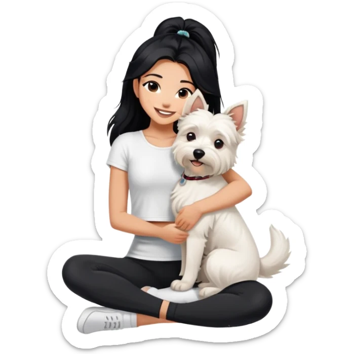 A girl with long black hair in a white crop top and black legging,she is smiling and hugging a west highland terrier with big ears  sticker