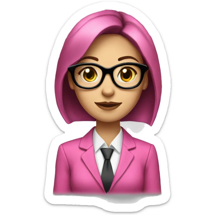 white skin female with glasses, pink suit, dark hair, with the laptop with currency signs around her, full face, frontal sticker