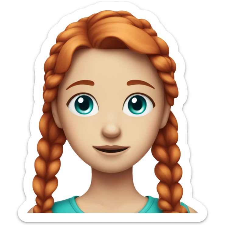 crimsom red haired girl, one ponytail on each side, turquoise blue eyes, white face, tear on cheek sticker