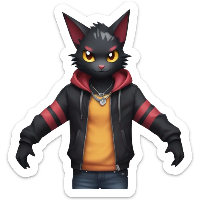 Cool Anthro Black Noibat-Quilava-Litten-Pokémon with edgy stripes hoodie spiked collar punk Full Body sticker