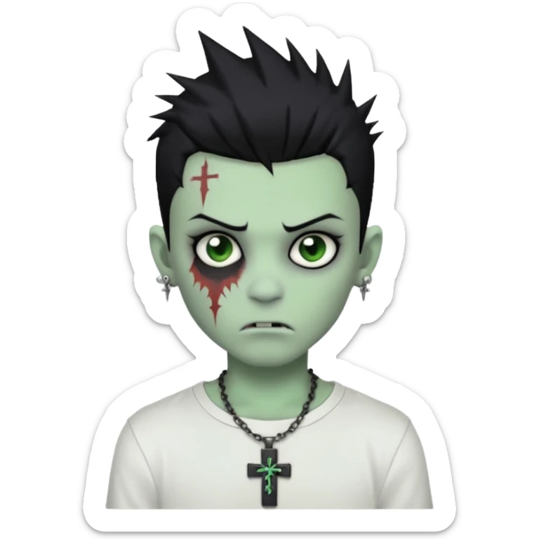 zombie boy with spiky emo black hair and white shirt , tattos, a risk on the eyebrow, earings,  a necklace with a cross, green skin emoji  sticker