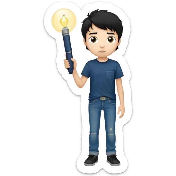  > 15-year-old boy, 165 cm tall, slim build, light tan skin, messy black hair, dark brown eyes with dark circles, wearing a dark t-shirt and faded jeans, holding a small flashlight, expression of curiosity mixed with fear, dim and foggy background, realistic style. sticker