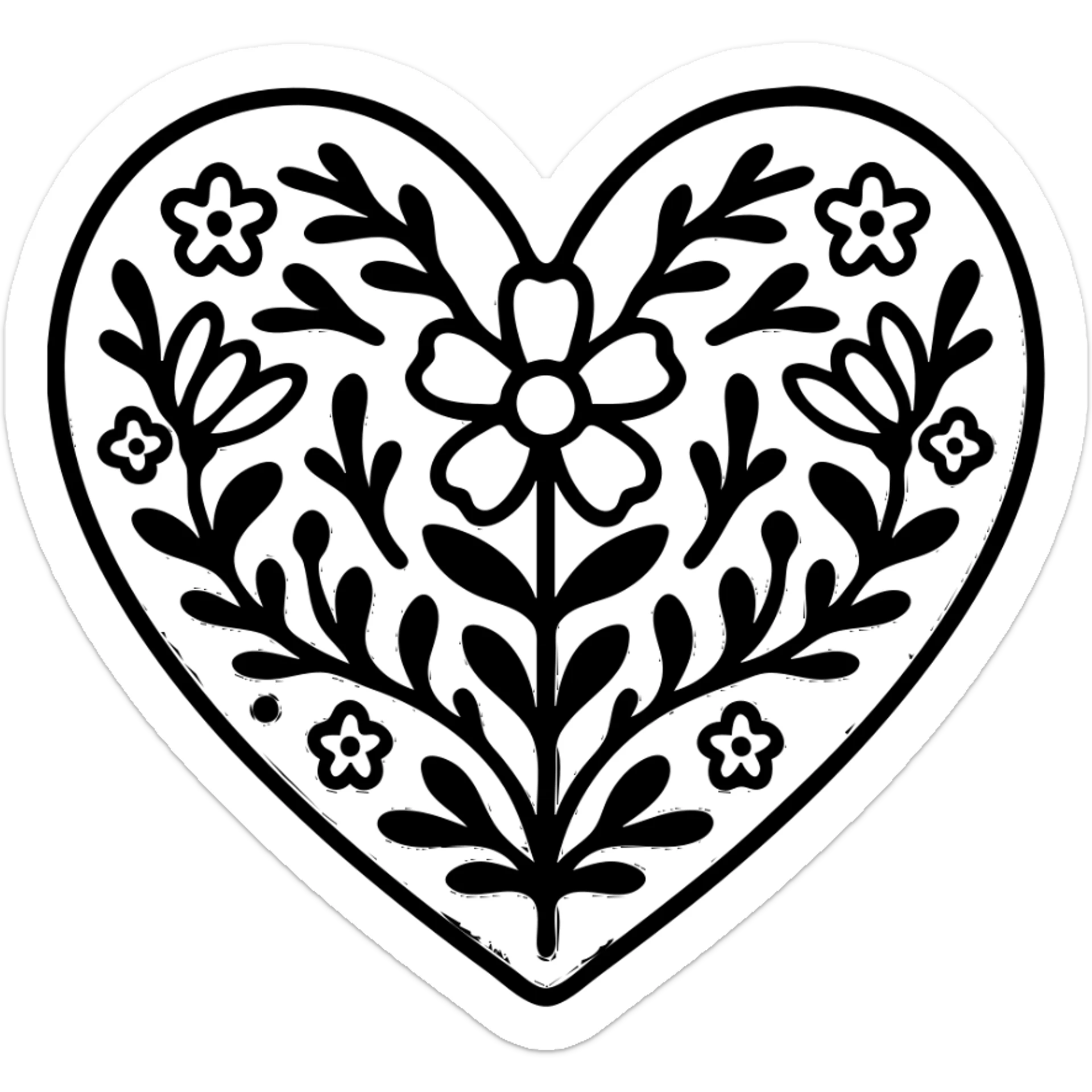 Red heart with a simple Scandinavian folk art motif in bright folk colors, black outlines around the motif, gold border around the heart, transparent background. Motif is bold and clear for small sizes. sticker