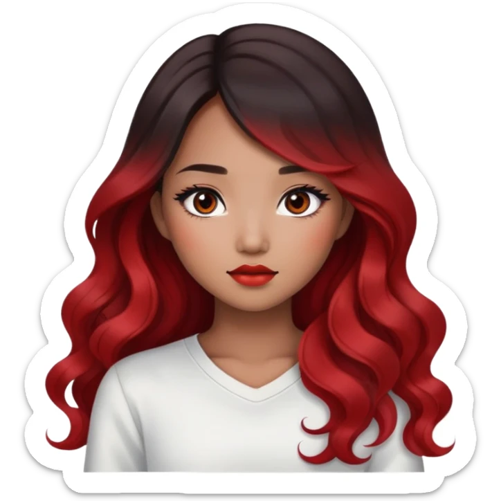 black ombre to red long wavy hair, dark brown eyes, asian pretty bratz baddie sticker