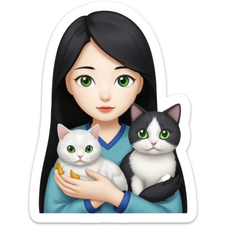 A pretty Korean woman with long black hair, white skin, holding a gray-lined green-eyed cat and a white blue-eyed blind chicken cat
 sticker