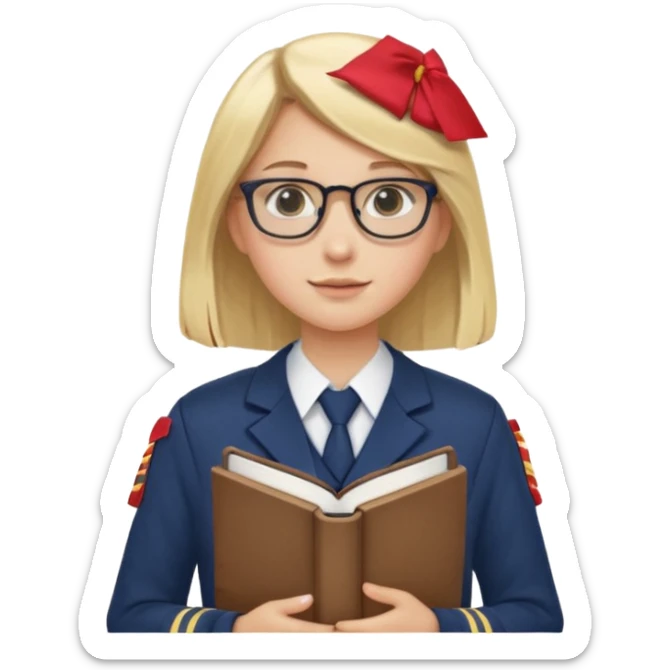 Girl student wearing uniform, glasses, hold book in front of their chest, blonde long straight hair, white skin sticker