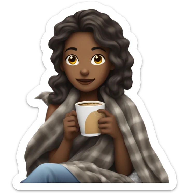 Girl drinking coffee with dark brown hair with slightly little wave and curl to her hair, a blanket around her sticker