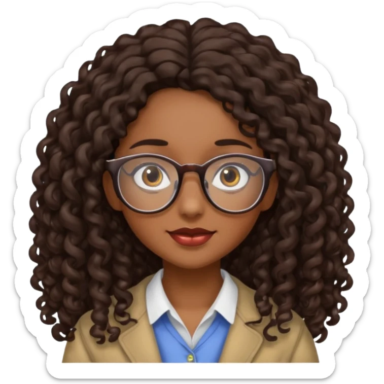 Chica con cabello rizado largo color cafe oscuro ,piel morena que use lentes. sticker