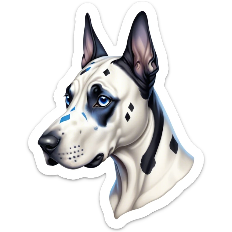 Cinematic Noble Harlequin Great Dane Portrait Emoji, Poised and regal, with a towering, muscular build and a striking coat of predominantly white with bold black patches, deep-set soulful blue eyes, Simplified yet sharp and sophisticated features, highly detailed, glowing with a soft, dignified glow, high shine, intelligent and loyal, stylized with an air of majesty, focused and attentive, soft glowing outline, capturing the essence of a watchful and confident guardian, so majestic it feels as though it could stride out of the screen with effortless authority! sticker