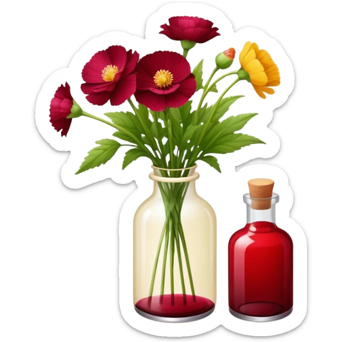 aesthetic bow in Cream red , Deep Red color glass bottle and in it a beautiful bouquet of Amaranth Chinese buttercup  sticker