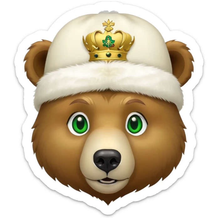 Cute grizzly bear face with green eyes, wearing a white fur hat with golden Russian coat of arms in the middle sticker