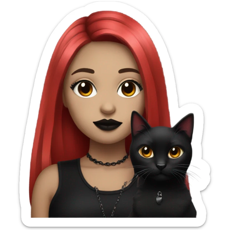 goth girl with hair that goes ombré red to black and red lipstick holding a black cat sticker