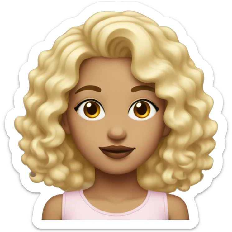 Girl with a light face tone, blonde, with curly hair, with eyelashes and lipstick sticker