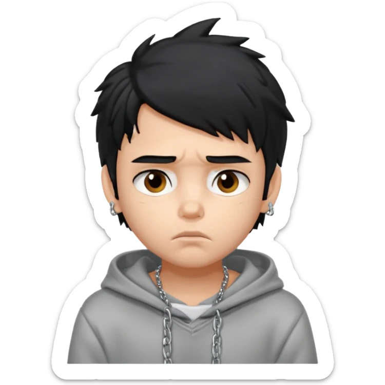 generate a pretty bratz fair skinned boy with messy black hair in a grey hoodie looking sad and bored with hand on chin sticker